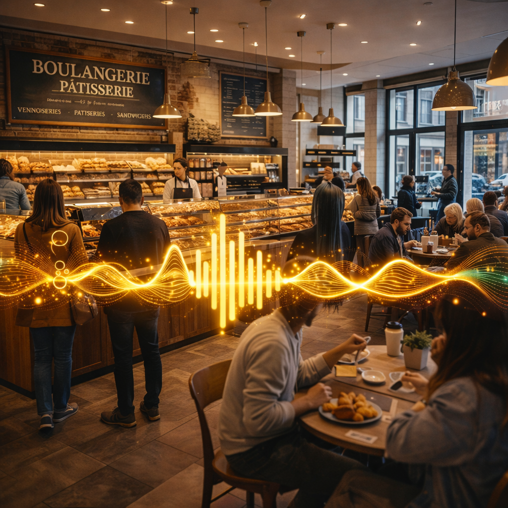 Boulangerie avec file de clients et ambiance musicale