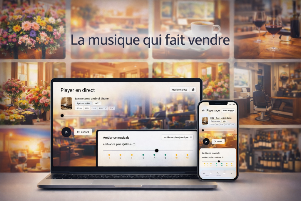 Interface MeloPro sur ordinateur et smartphone dans un commerce