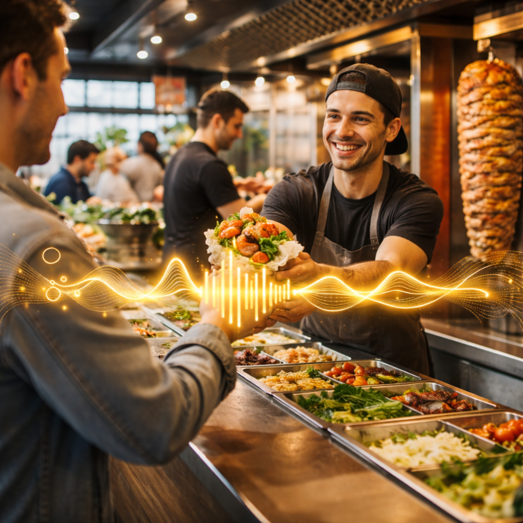 Service client dans un fast-food avec musique professionnelle