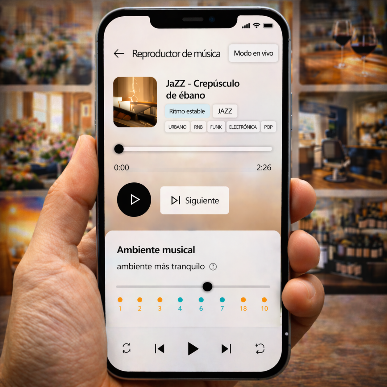 Aplicación MeloPro en español en un smartphone para gestionar la música de un comercio