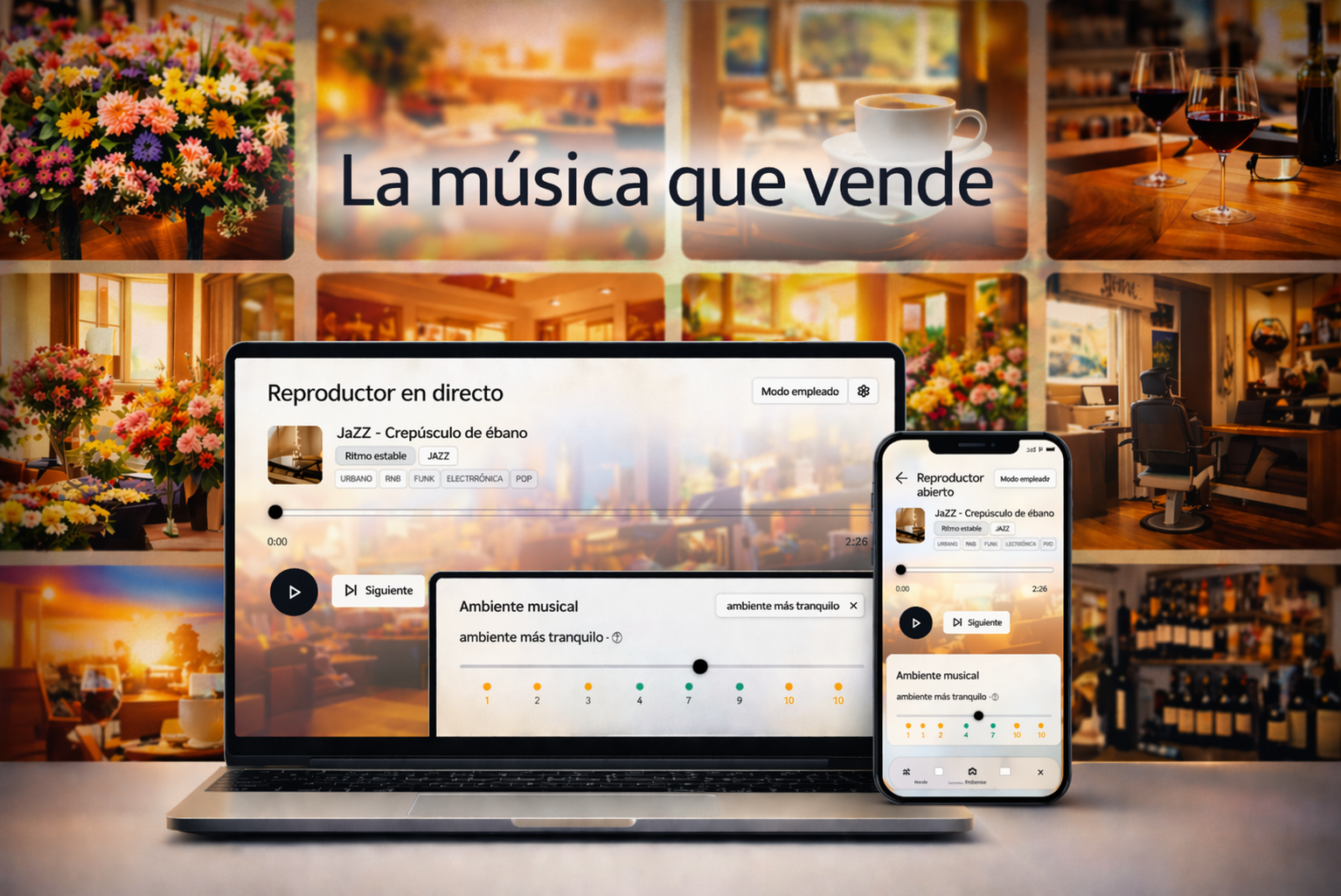 Interfaz MeloPro en español en ordenador y smartphone para la música de un comercio